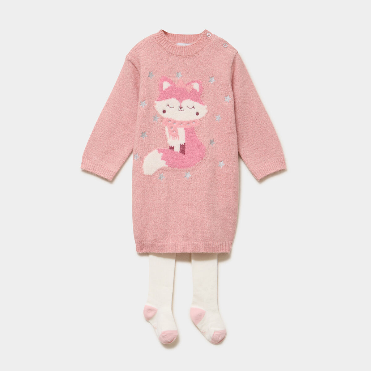 Ensemble robe pull et collants rose poudr&eacute;e b&eacute;b&eacute; fille
