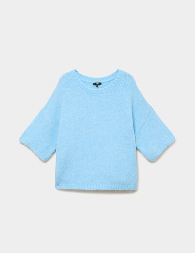 Pull col rond manches courtes bleu clair femme