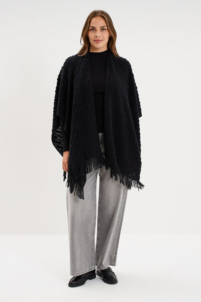 Poncho &agrave; franges ample noir femme