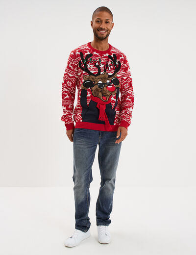 Pull de No&euml;l manches longues rouge homme