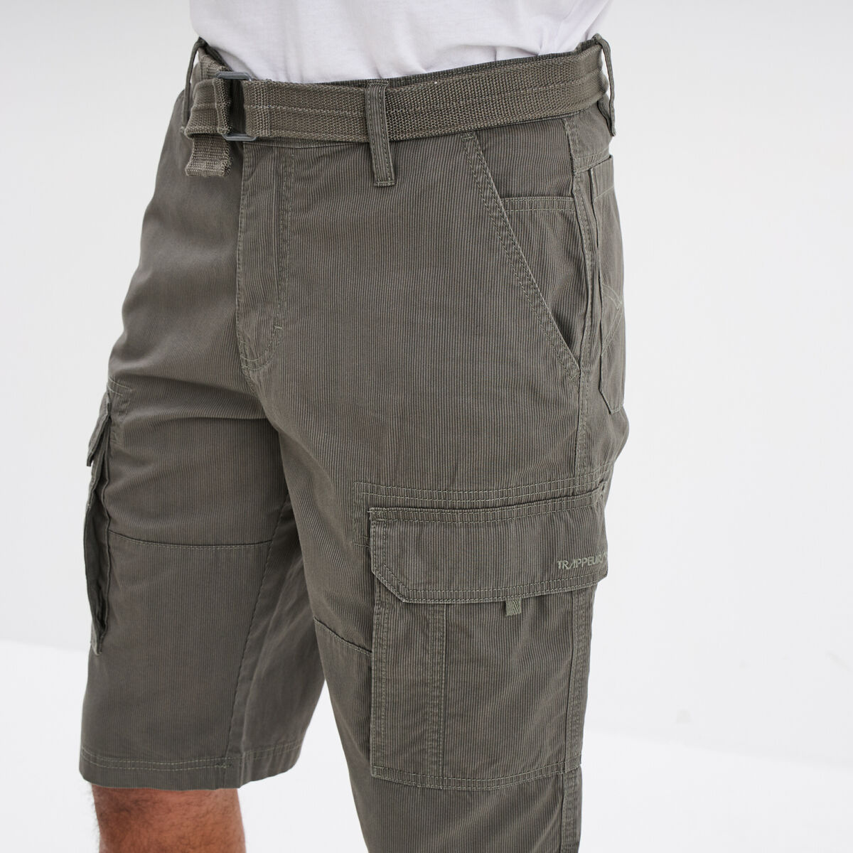 Bermuda cargo c&ocirc;tel&eacute; coton ceintur&eacute; gris homme