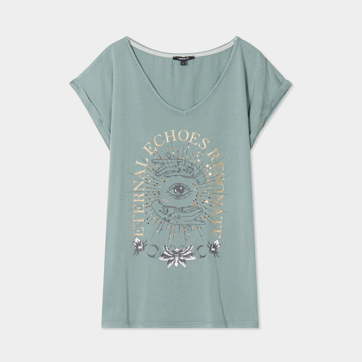 T-shirt coton col en V manches courtes bleu canard femme