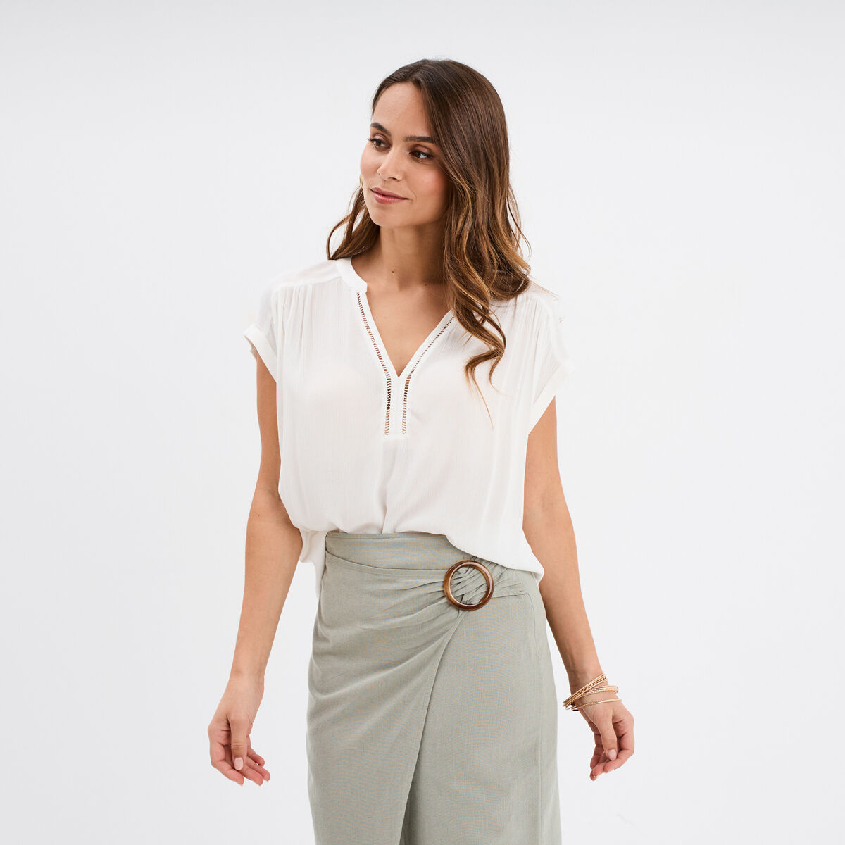 Blouse cr&eacute;pon manches courtes blanc femme