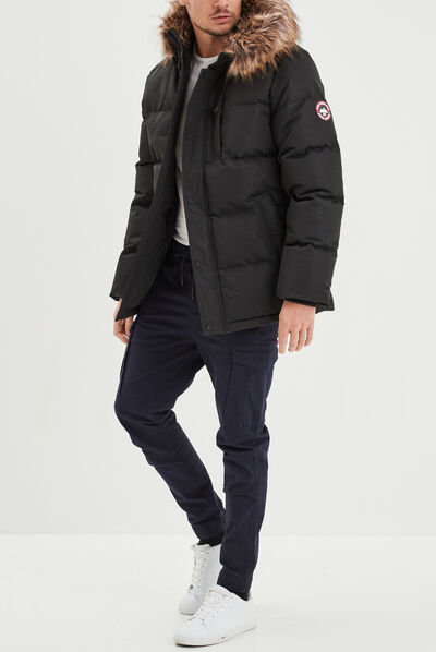 Parka courte avec capuche fourrure noir homme