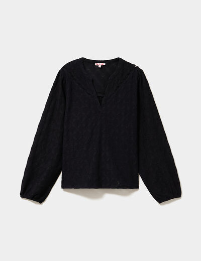 Blouse broderie anglaise manches longues noir femme