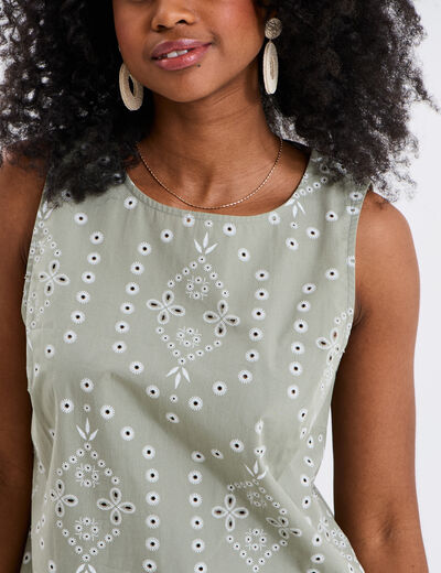 Blouse broderie anglaise sans manches vert clair femme