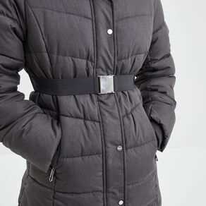 Doudoune ceinturée mi-longue à capuche gris clair femme