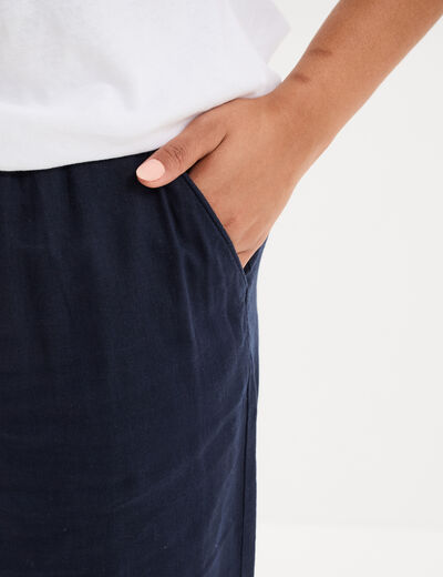 Pantalon large cropped lin m&eacute;lang&eacute; bleu fonc&eacute; femme grande taille