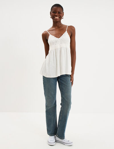 D&eacute;bardeur effet crochet col V coton blanc femme