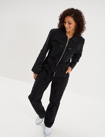 Combinaison pantalon en jean ceintur&eacute;e denim noir femme