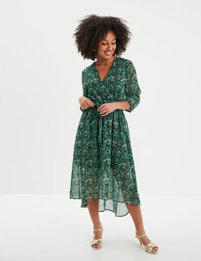 Robe midi col cache-coeur fluide vert femme
