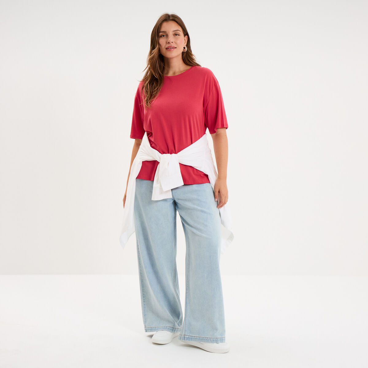 T-shirt col rond manches courtes coton rose cerise femme grande taille