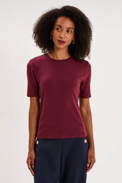 T-shirt col rond manches courtes ajust&eacute; bordeaux femme