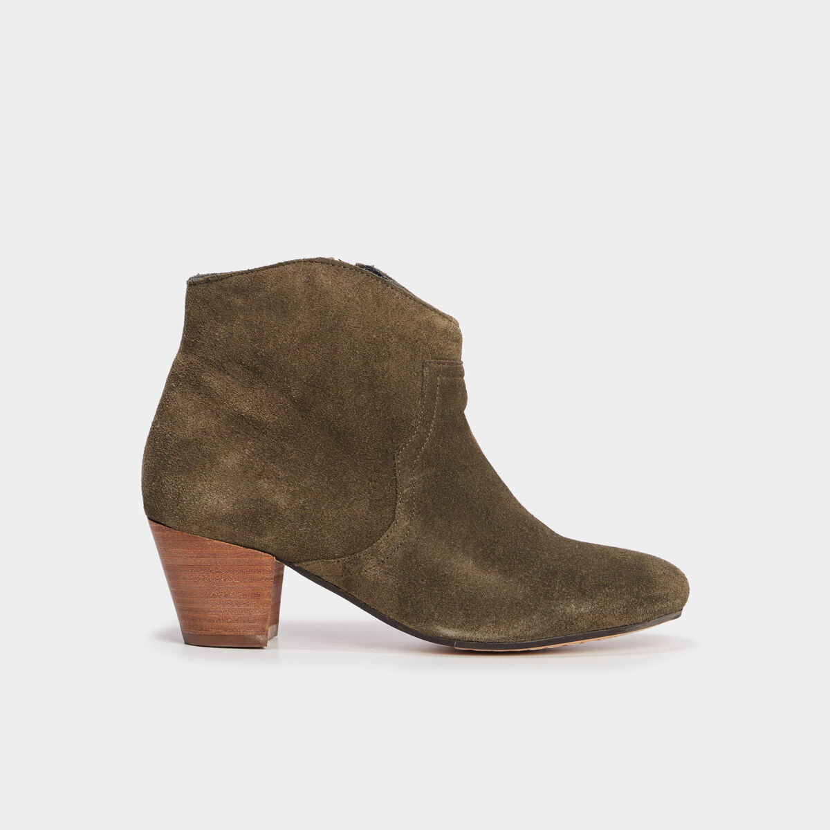 Boots bout pointu &agrave; talons en cuir vert kaki femme