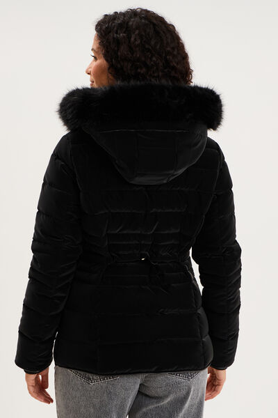 Doudoune courte capuche fausse fourrure noir femme