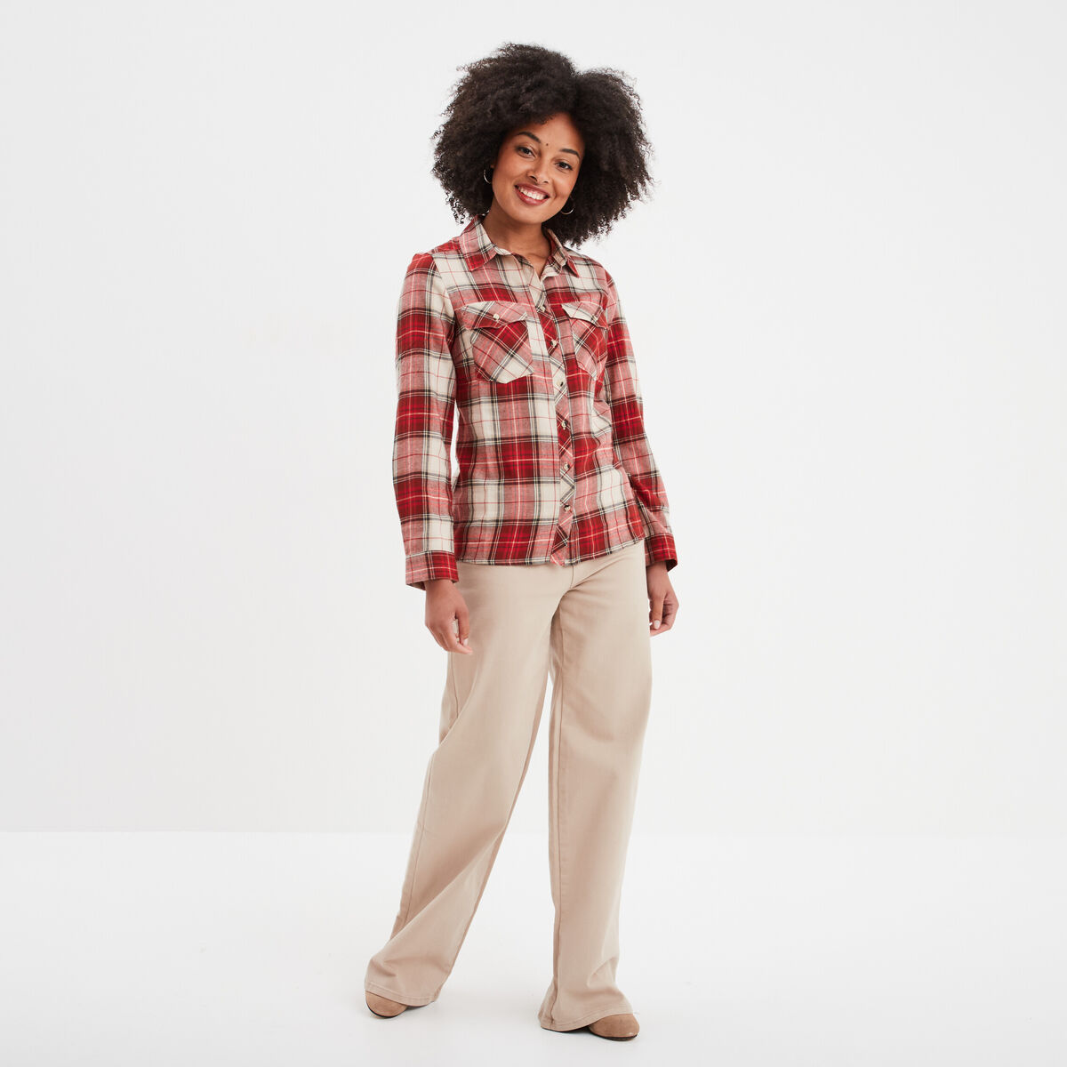 Chemise manches retroussables poches rouge femme