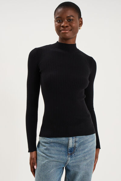Pull ajust&eacute; c&ocirc;tel&eacute; col montant noir femme