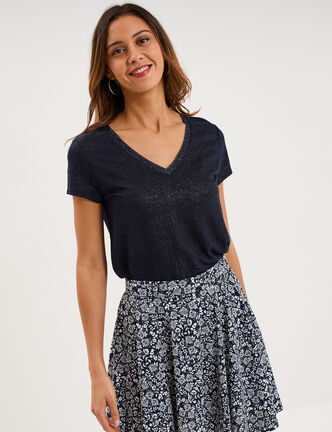T-shirt col en V manches courtes bleu fonc&eacute; femme