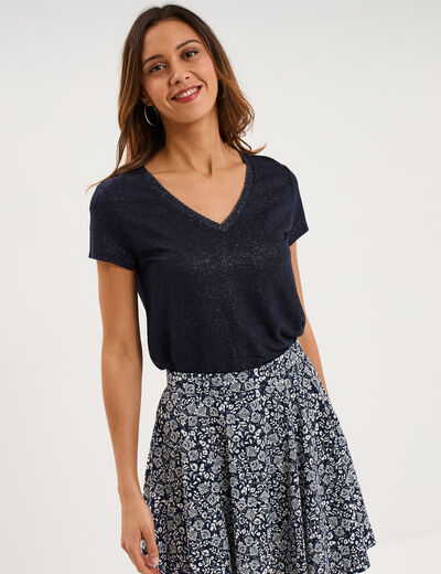 T-shirt col en V manches courtes bleu fonc&eacute; femme