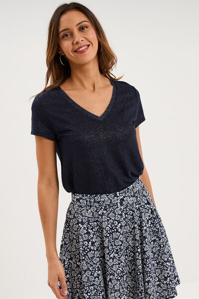 T-shirt col en V manches courtes bleu fonc&eacute; femme