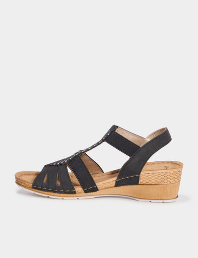 Sandales compensées pied large noir femme