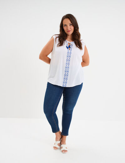 Blouse brodée col tunisien coton blanc femme grande taille