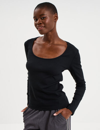 T-shirt coton stretch manches longues noir femme
