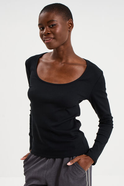 T-shirt coton stretch manches longues noir femme