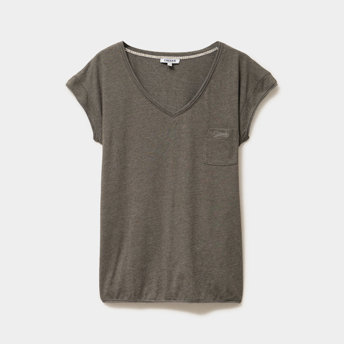 T-shirt col v poche poitrine vert kaki femme