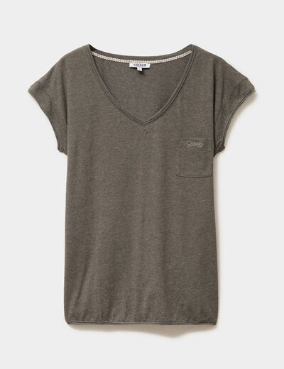 T-shirt col v poche poitrine vert kaki femme