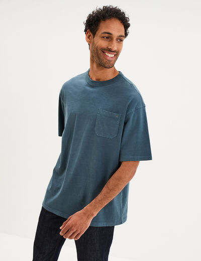T-shirt droit col rond 1 poche coton vert fonc&eacute; homme