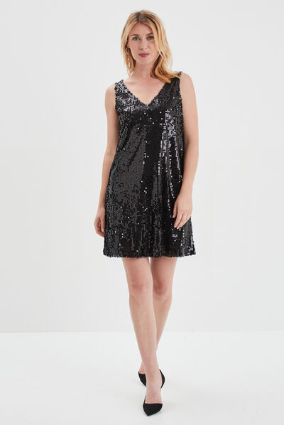 Robe à sequins courte trapèze bretelles noir femme