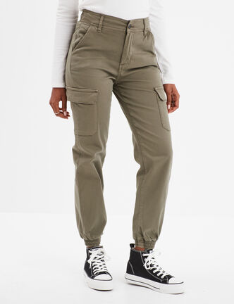 Pantalon cargo taille haute ajustable vert kaki femme