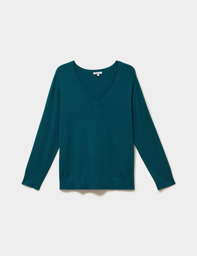 Pull fin col en V manches longues vert fonc&eacute; femme grande taille