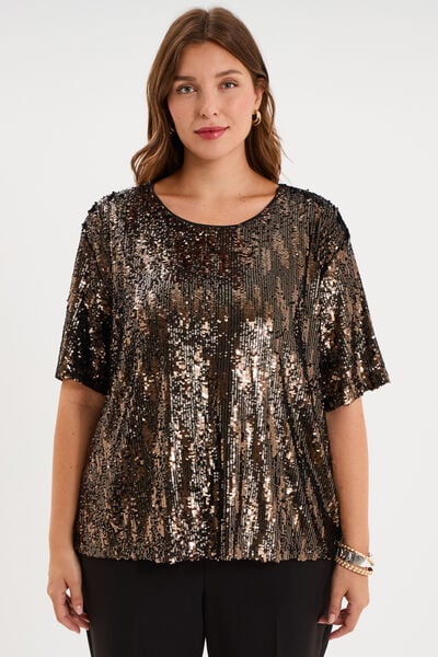T-shirt sequins manches courtes loose couleur cuivre femme grande taille