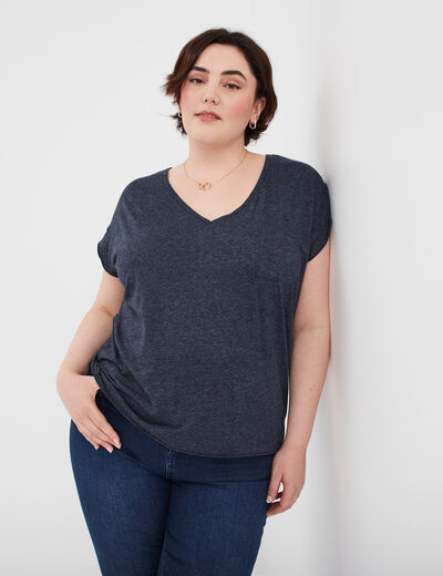 T-shirt effet chiné col en V avec poche bleu foncé femme grande taille