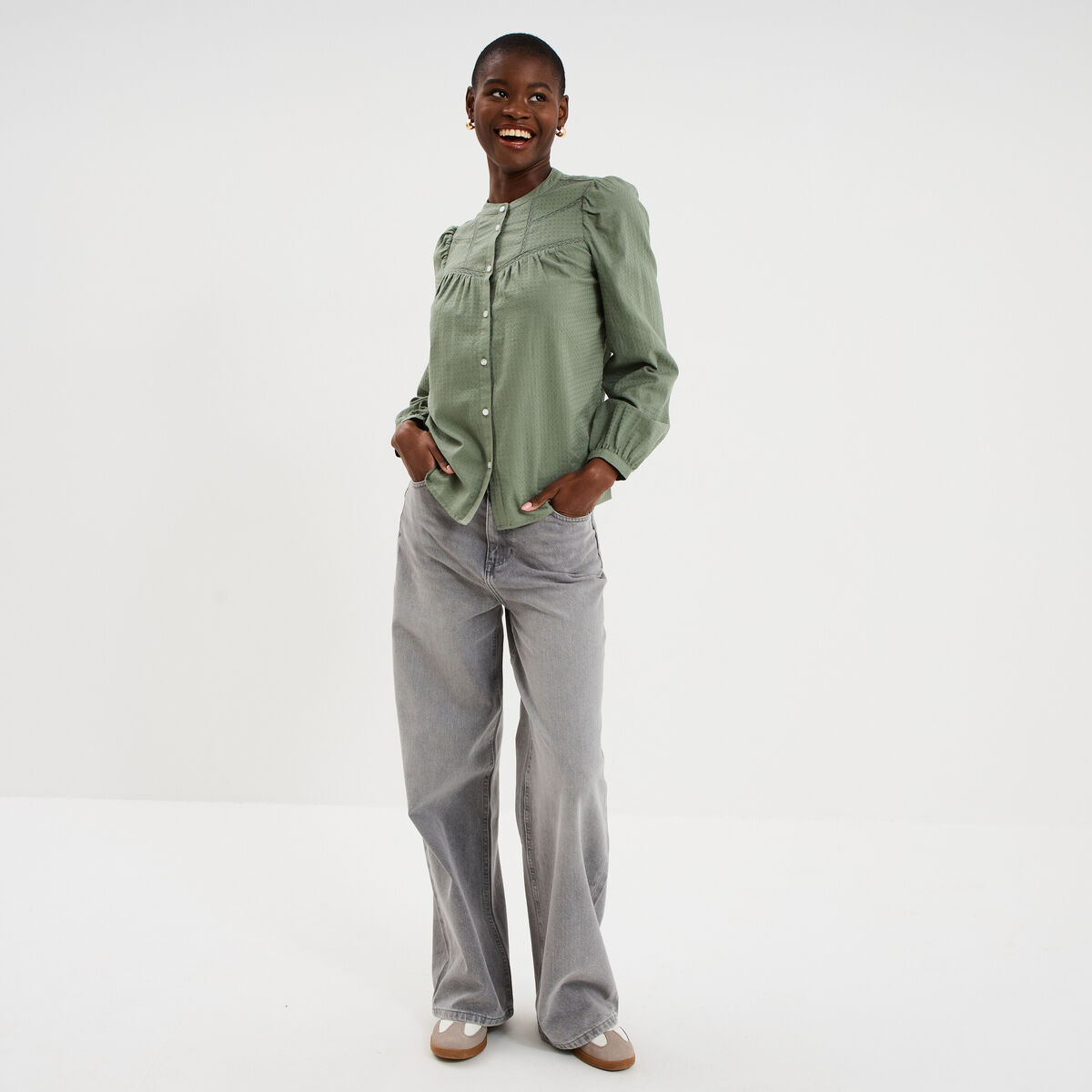 Blouse droite manches longues coton vert kaki femme
