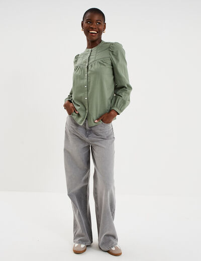 Blouse droite manches longues coton vert kaki femme