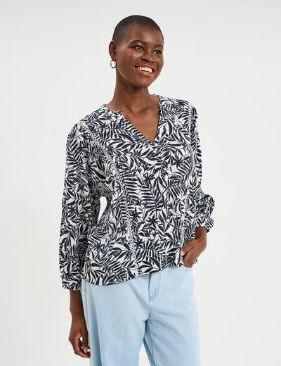 Blouse ajour&eacute;e manches 3/4 col en V ecru femme