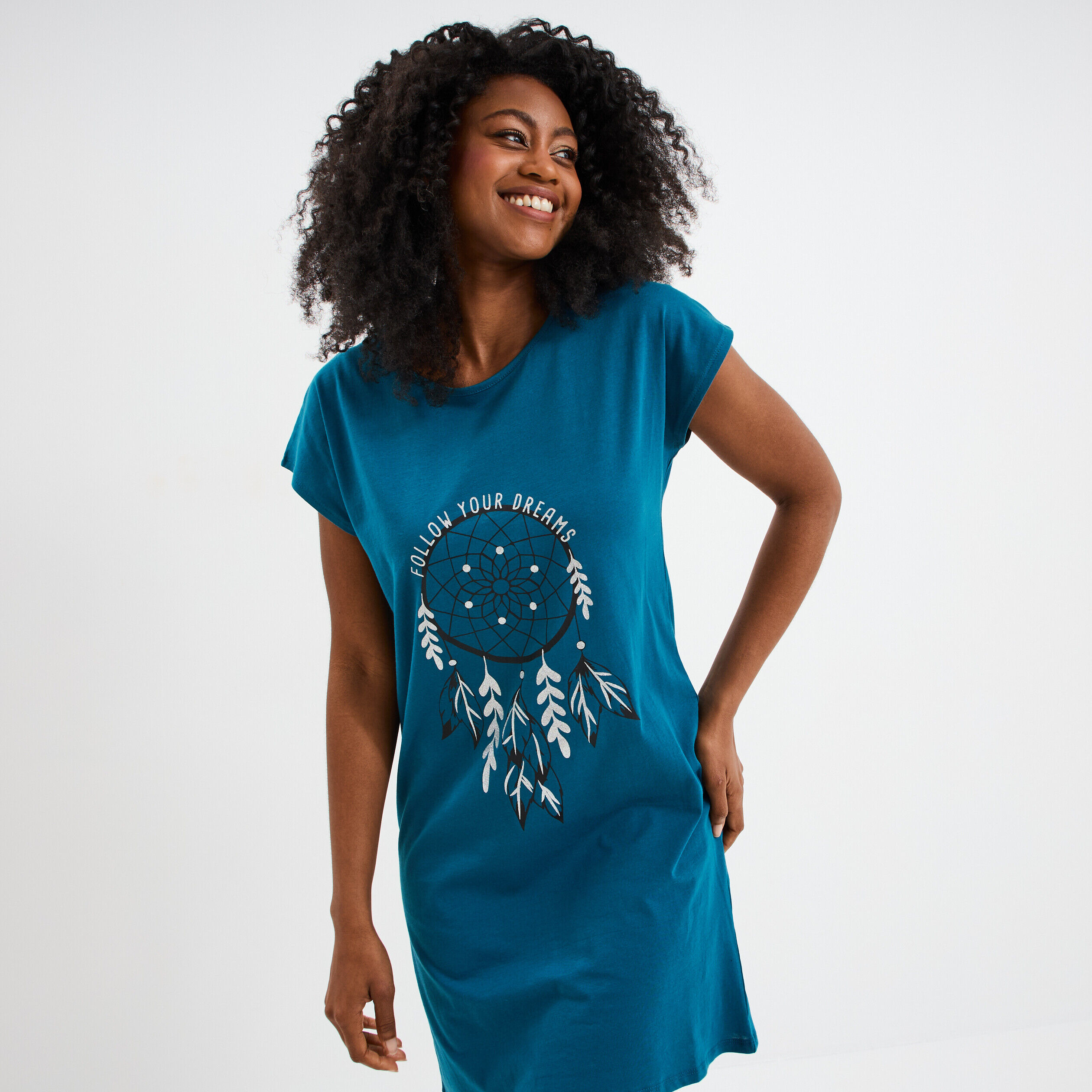 Chemise de nuit courte col rond bleu canard femme LH