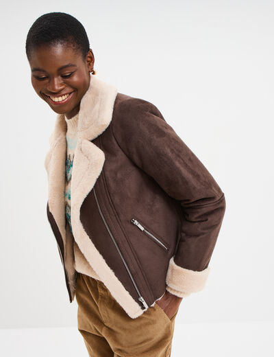 Veste col aviateur zipp&eacute;e doubl&eacute;e marron fonc&eacute; femme