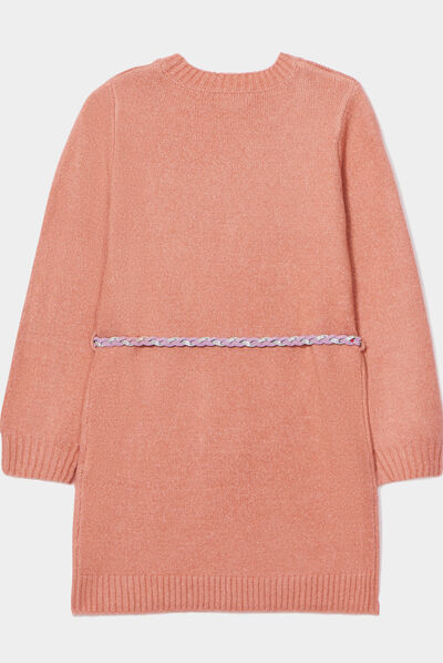 Robe pull avec torsades et ceinture rose fille