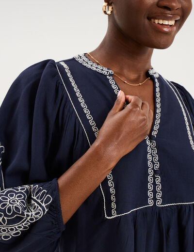 Blouse brod&eacute;e oversize col tunisien bleu fonc&eacute; femme