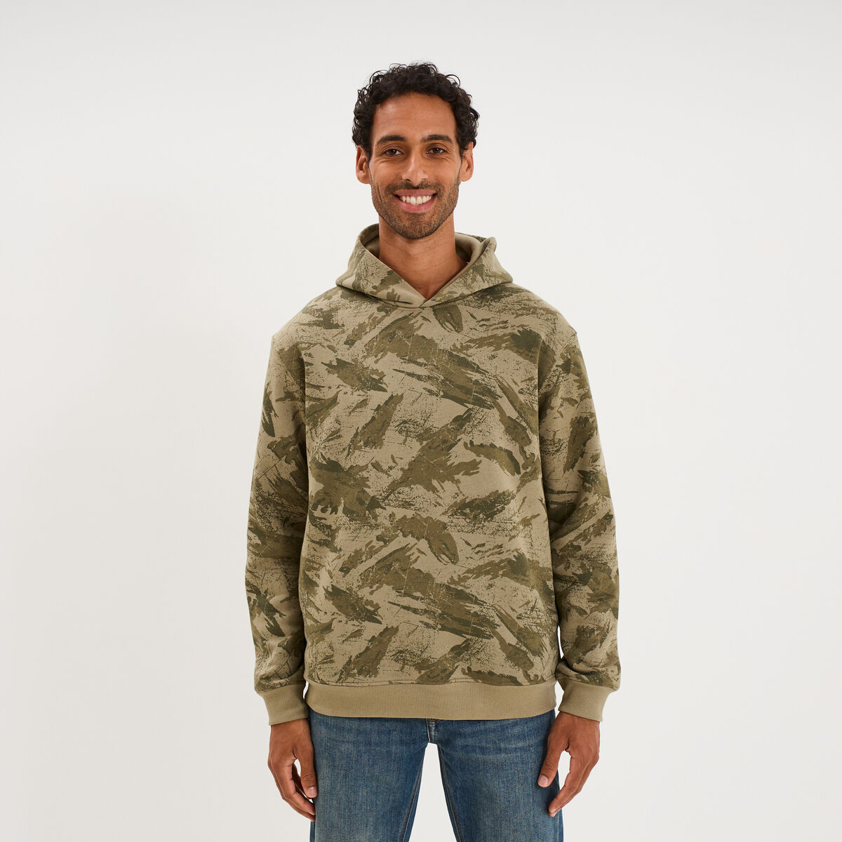 Sweat hoodie &agrave; capuche molleton vert kaki homme