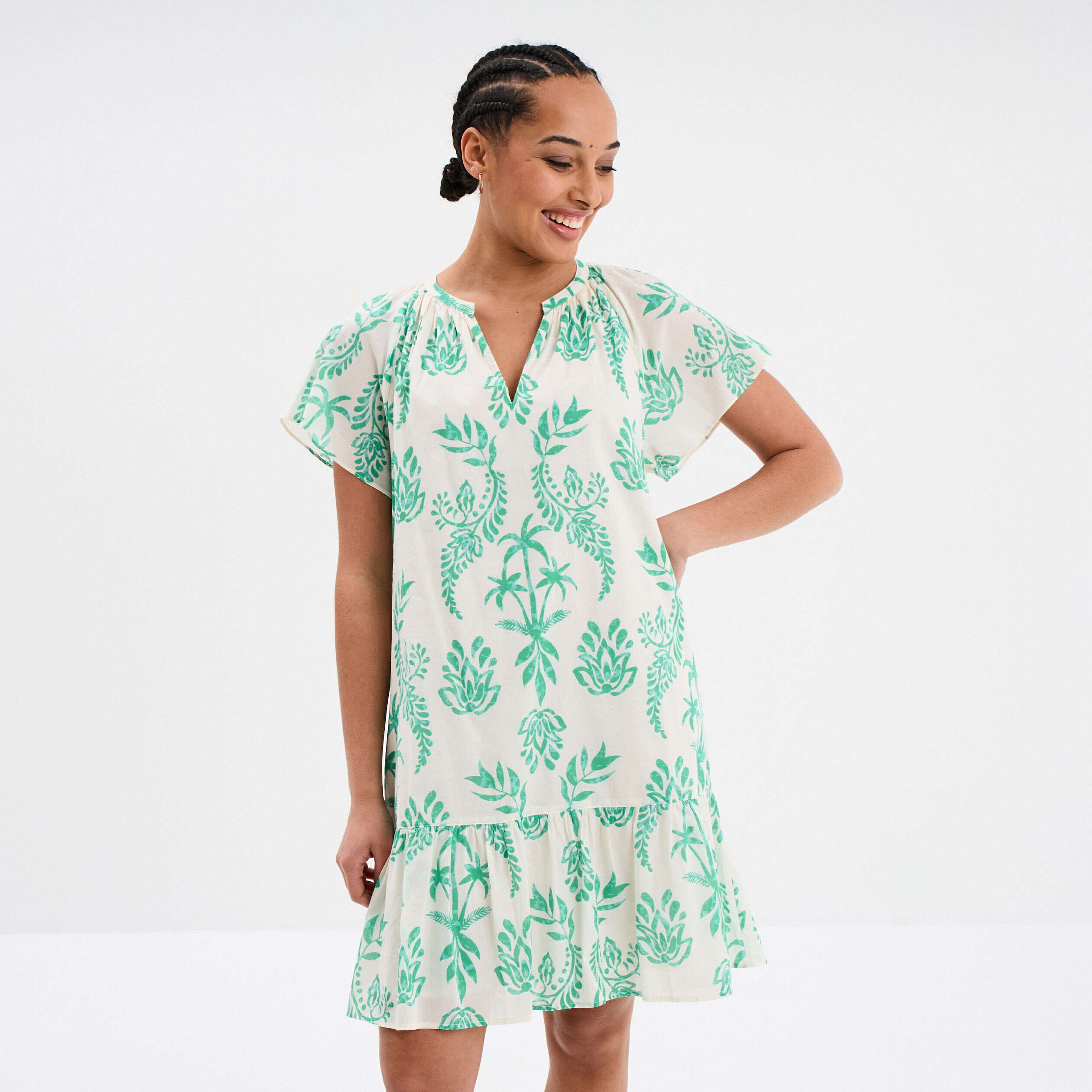 Robe trapèze manches papillons coton ecru femme LH