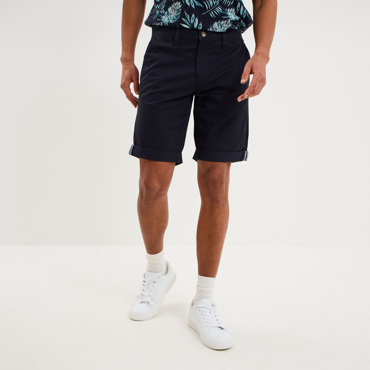 Bermuda short chino straight stretch bleu fonc&eacute; homme