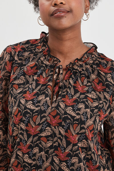 Blouse manches longues col montant camel femme