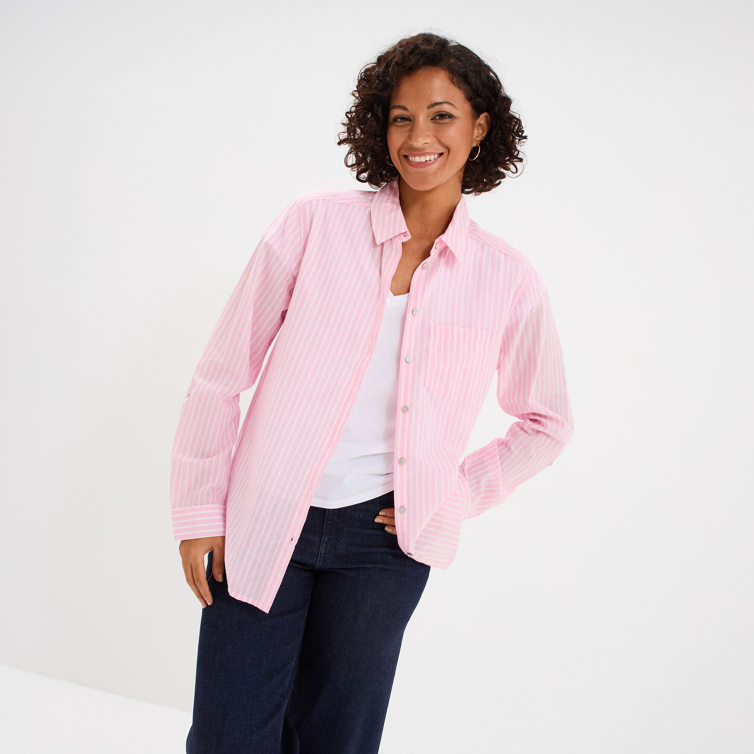 Chemise manches ajustables 1 poche coton rose femme LH