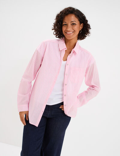 Chemise manches ajustables 1 poche coton rose femme