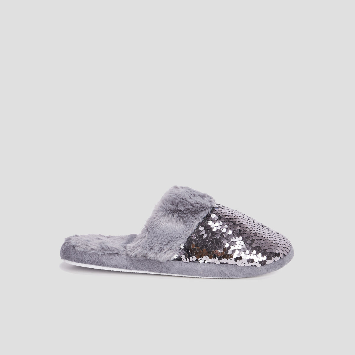 Chaussons mules sequins et fourrure gris femme